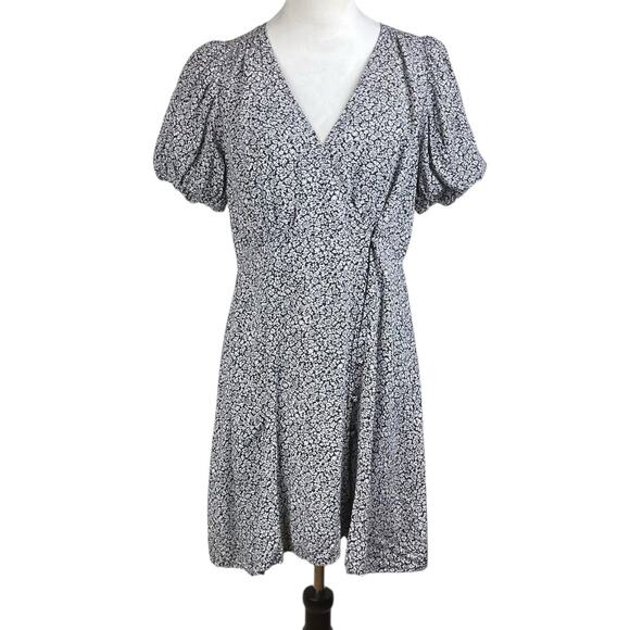 Madewell 6 Challis Button Wrap Mini Black Puff Short Sleeve Floral A-Line Dress - Picture 3 of 13